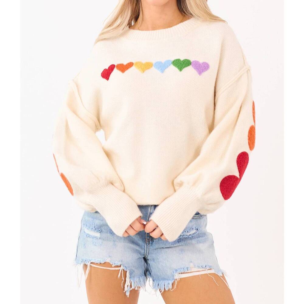 NEW MELLO rainbow heart sweater in cream